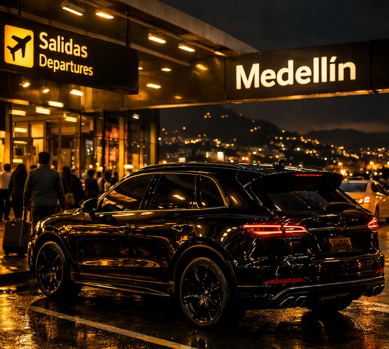 SUV at Medellín airport at night